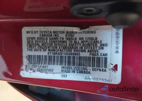 2003 Toyota Corolla Le z USA, uszkodzony, nr VIN 2T1BR32E13C066883